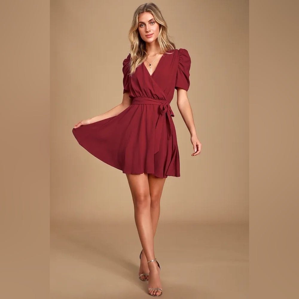 Perfect Moment Wine Red Puff Sleeve Mini Dress